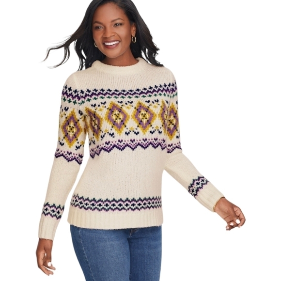 Talbots Fair Isle Mockneck Sweater Ivory Size L - Picture 1 of 8